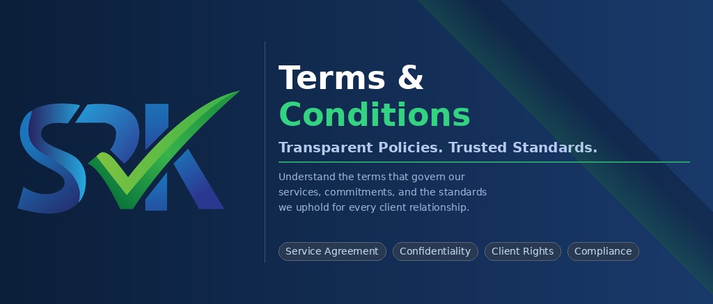SRK Corporate Services L.L.C Terms & Conditions banner — Transparent Policies and Trusted Standards for business setup, PRO services, and corporate solutions in Dubai, UAE.